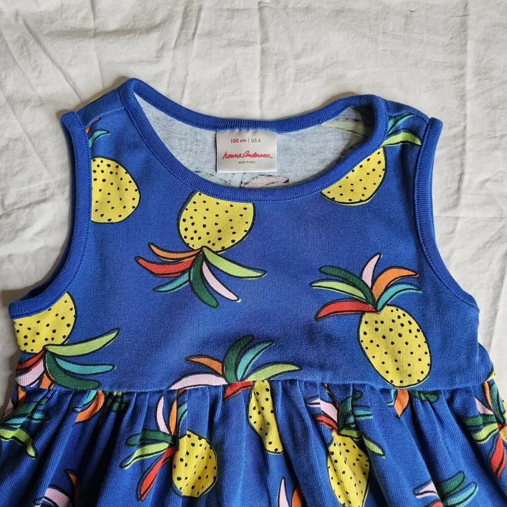 Hanna Andersson Dress size 4 Pineapple Tank Summer Blue Yellow Cotton - Picture 2 of 7